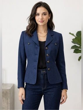 Elegant Vintage Navy Tailored Blazer Fitted Structured Jacket Petite Size SP
